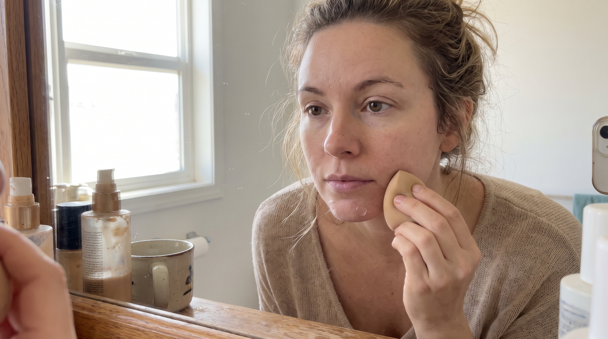 Woman applying foundation over an invisible pimple patch